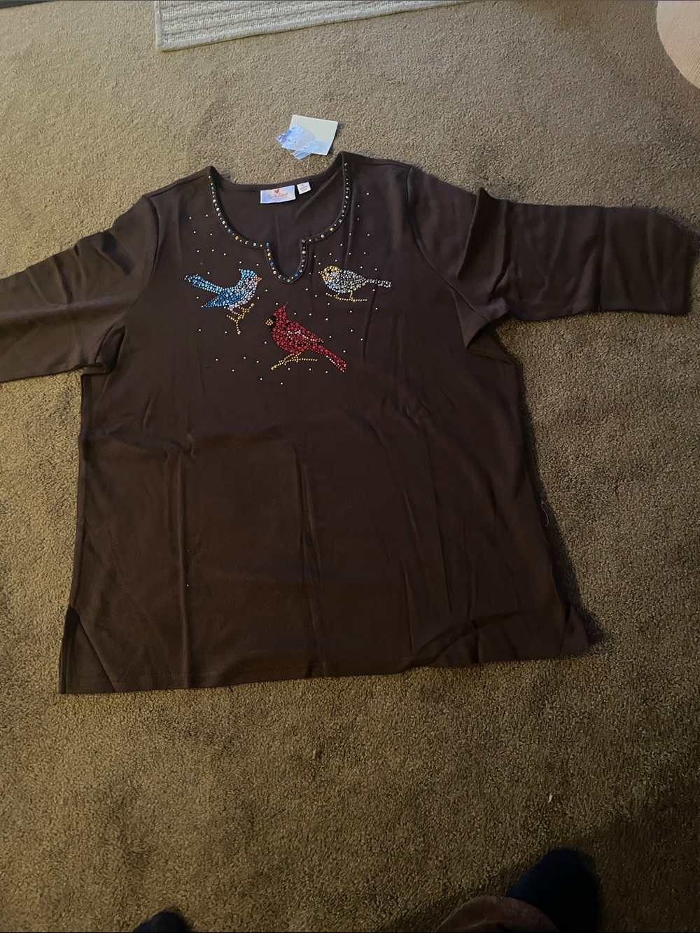 Embellished Brown Long Sleeve Women’s Tee with Bird Motifs